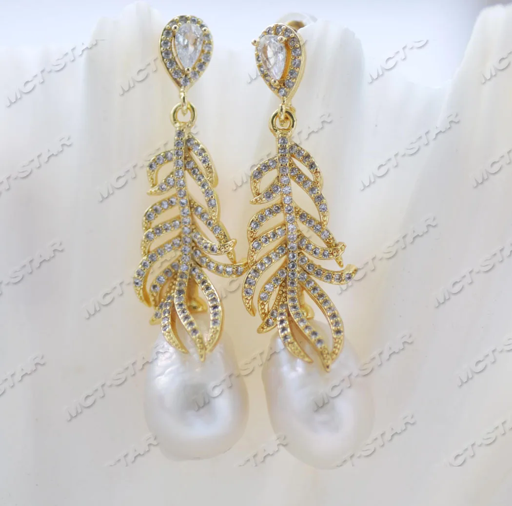 Z12088 16mm White Baroque Drop Edison Keshi Pearl Dangle Earring Feather CZ