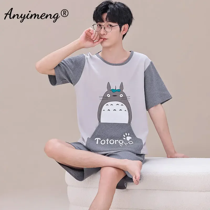 New Summer Knitted Cotton Men Pajamas Set Short Sleeve Shorts Sets Pajama Fashion Pyjamas for Men Bear Print Male Homewear