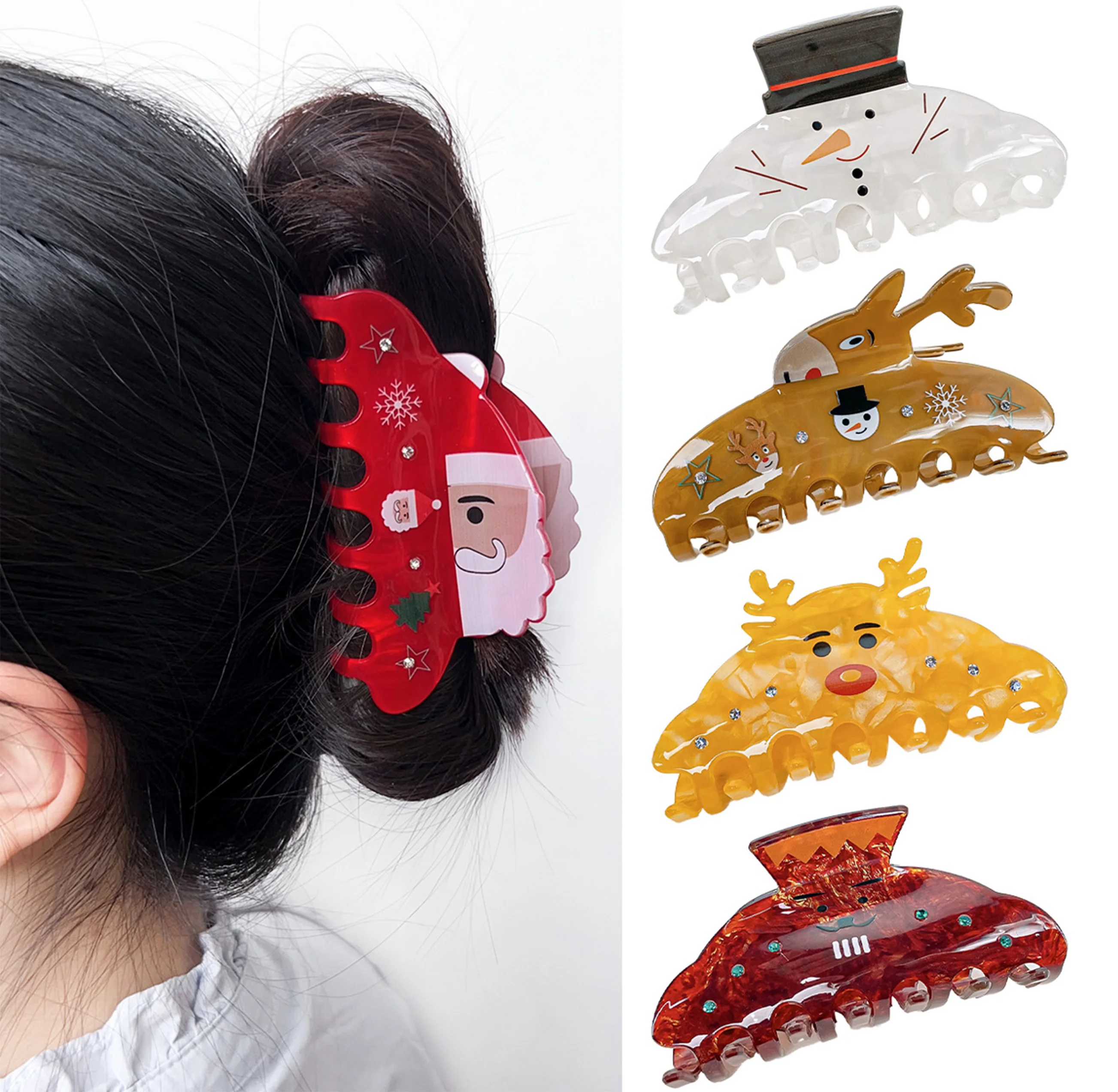 Christmas Hair Claw Red Santa Claus White Snowman Elk Designs Hair Claw Clips Hair Accessories New Year Present for Women Girls