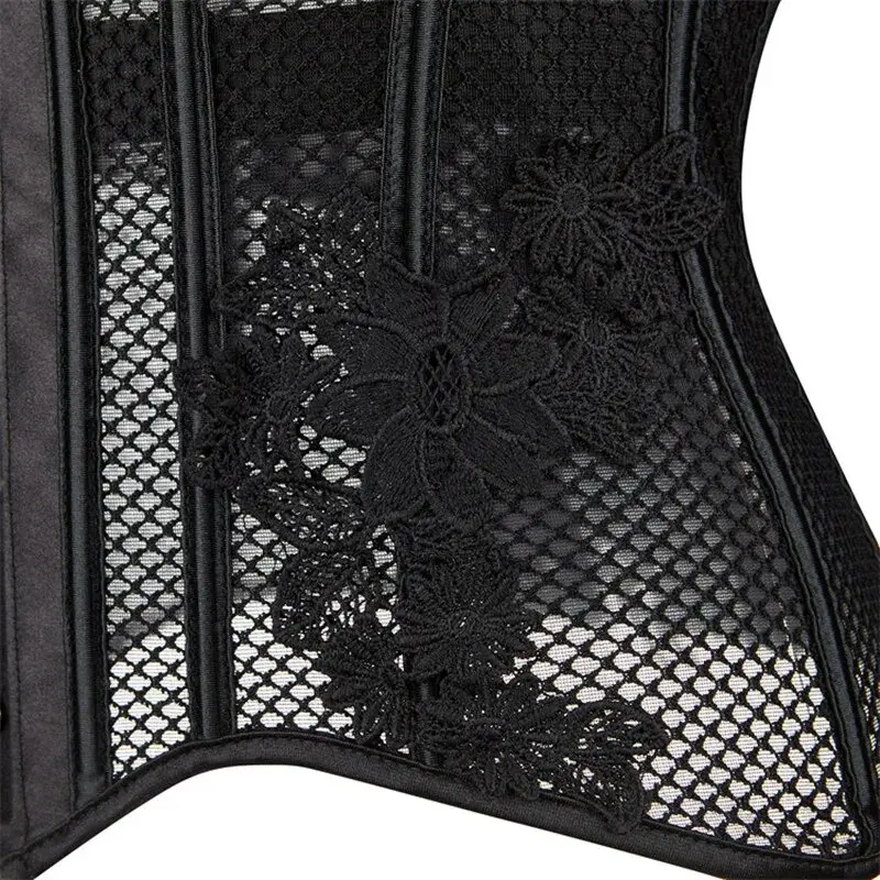 Women Sexy Mesh Hollow Out Corset Floral Lace Up Boned Bustier Overbust Body Shaper Lingerie Bodyshaper Corselet Top