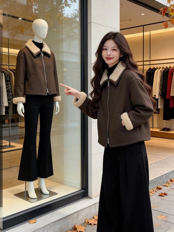 Retro sle ort algodão jaet casaco de camurça de pele de cordeiro feminino corte reto commute amigável cor pura sem chapéu