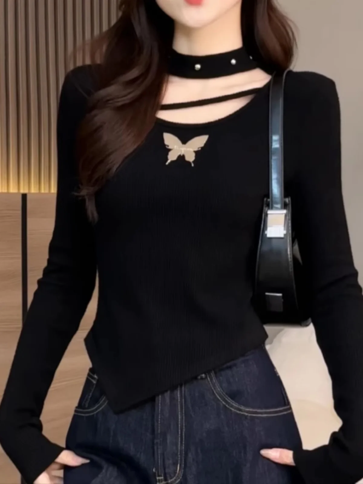 

plus Size Women's Sweet Spicy Long Sve T-irt Autumn Slimming Design Ne Hanging Base irt Top Korean Sle C...