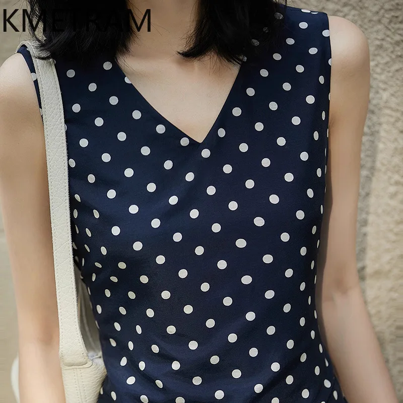 KMETRAM Real Silk Cotton Tank Dress Woman polk Dot Elegant Dresses for Woman Clothes Sleeveless Summer New in Dresses Robe Femme