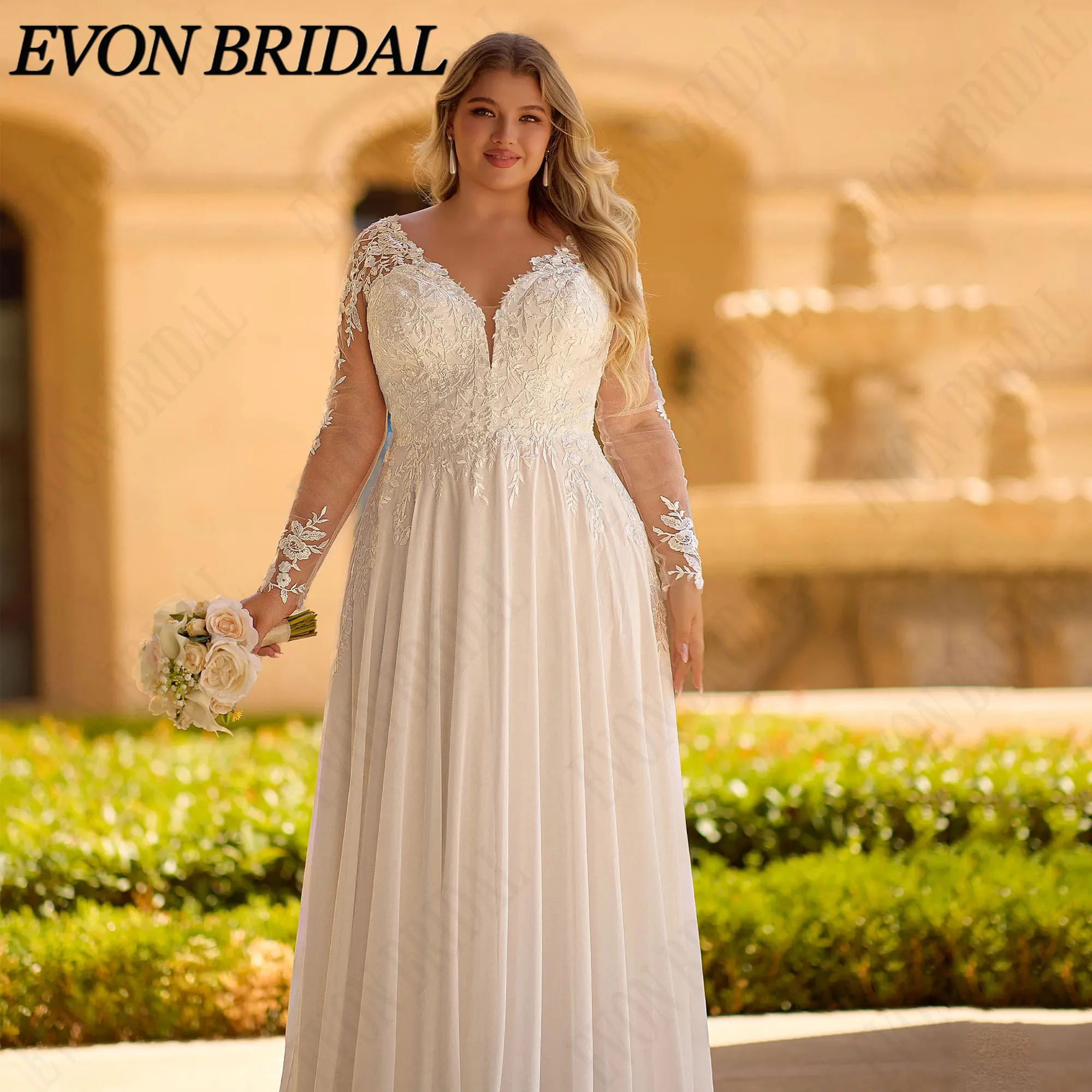 EVON BRIDAL Свадебное платье кружевные аппликации длинные рукава А-силуэт шифон V-образный вырез открытая спина свадебное платье на заказ большого размера молния с пуговицами стиль бохо платье невесты