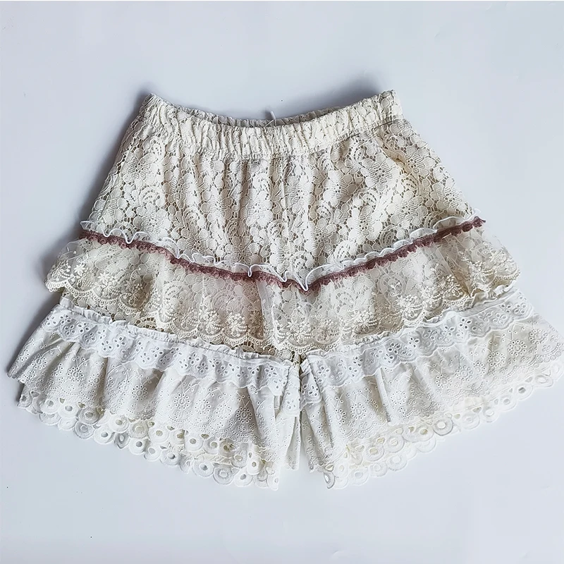 AApproach-Short en dentelle Mori Girl pour femme, short multicouche, coutures en dentelle, blanc crémeux, short monochrome, mignon, princesse douce, nickel é