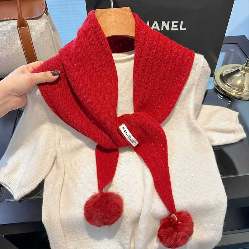 

Британский корейский треугольный шарф с шариковой нишей, шарф из 100% шерсти, женский платок, вязаный шарф, многофункциональный теплый зимний шарф