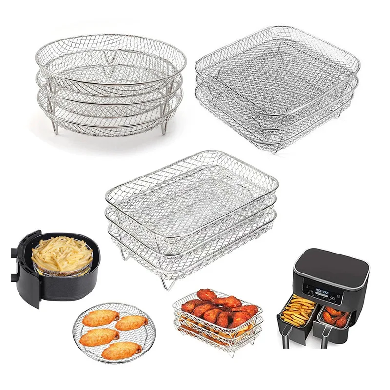 Rejilla para freidora de aire, horno, parrilla, vaporizador, soporte deshidratador de acero inoxidable, cesta de parrilla de malla de 3 capas, accesorios para freidora de aire