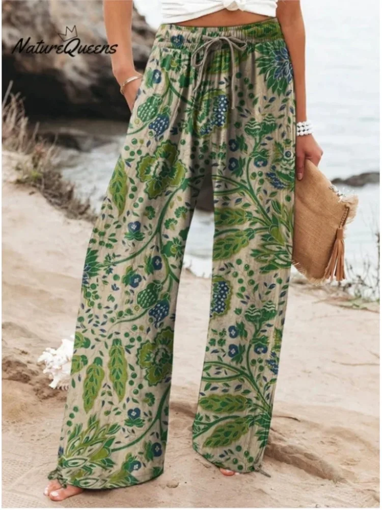 

Lady Fashion Print Pants Casual Mid Waist Wide Leg Long Pants For Women Boho Holiday Beach Streetwear Womens Clothing Spring New