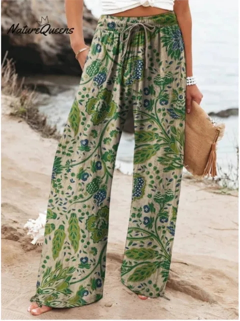 Pantalones con estampado de moda para mujer, pantalones largos informales de pierna ancha y cintura media para mujer, ropa de calle bohemia para vacaciones y playa, ropa para mujer, novedad de primavera