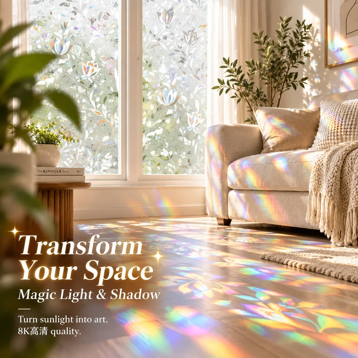 Iridescent Floral Privacy Window Film Rainbow Suncatcher Static Cling No Glue Decorative Glass Sticker for Bathroom Home