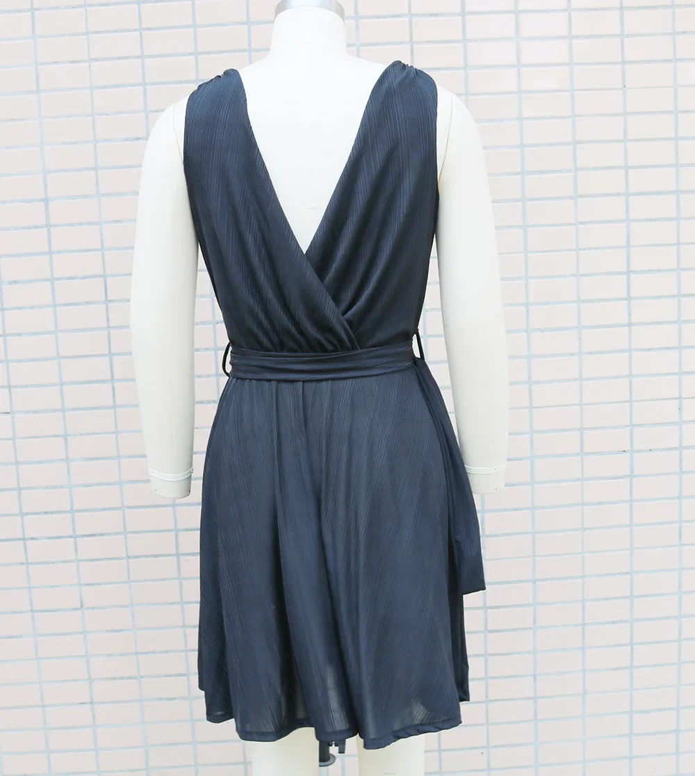 여성용 용수철 원피스 스커트, 단색 백리스 주름 가장자리, V넥 민소매 캐주얼, 섹시한 패션, 편안한 정사이즈 핏, 여름