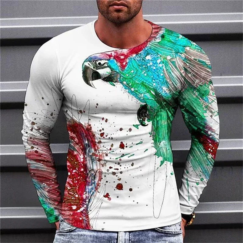 Tie-dye Parrot Pattern Men's Fashion T-Shirts Spring Autumn Long Sleeve 3d Animal Printed Street Hip Hop Tee 6XL Plus Size Tops