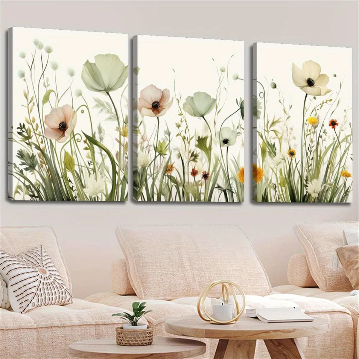 3pcs - Beautiful sage green spring wildflowers field grass flower theme canvas wall art painting clearance sale, 2 - Image 3