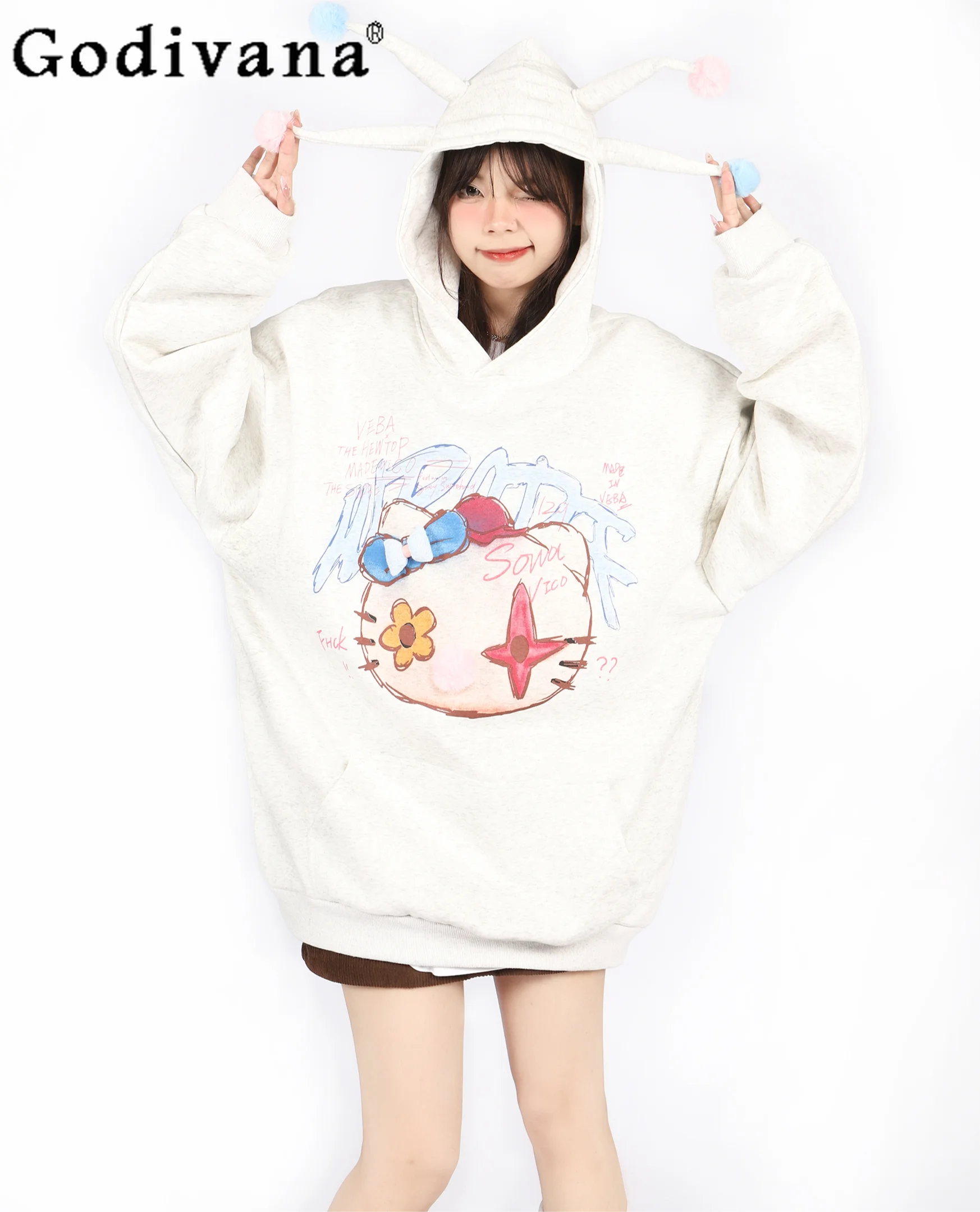 

American Vintage Cartoon Print Loose Slim Large Size Student White Hooded Hoodies Women' Autumn Winter New Fashion Y2k Hoodies