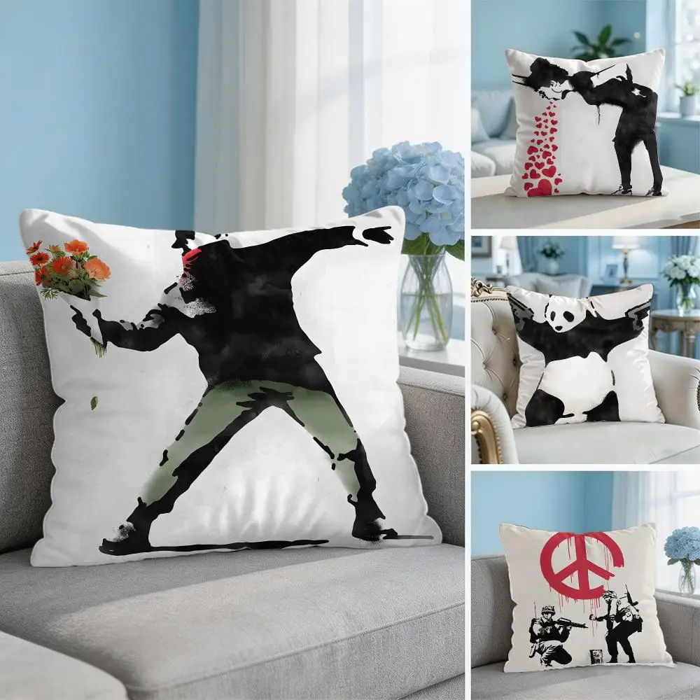 B-Banksy Street Graffiti Art Cushion Cover Soft Short Plush Throw Pillow Cover Hidden Zipper Cutecore Sofa Bedroom Home Decor