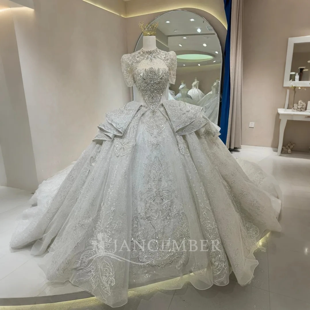 Customized Elegant Short Sleeves Ball Gown Princess Wedding Dresses High Collar Ruffles Lace Made Bridal Gown vestido femininos
