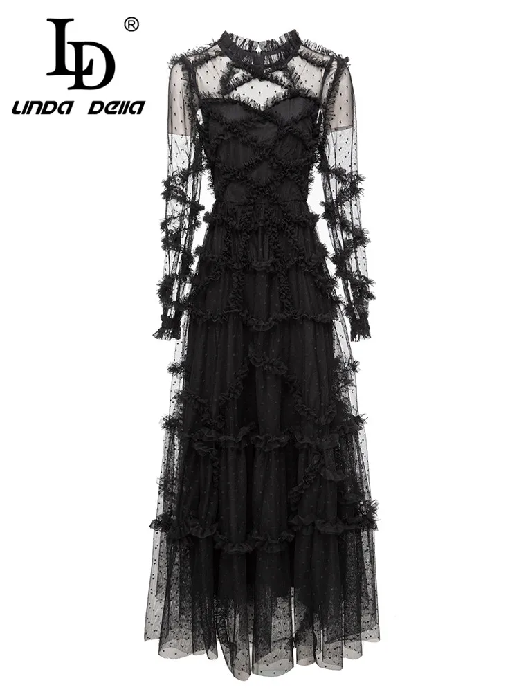 LD LINDA DELLA Summer Vintage Elegant Party Dress Women\'s Black Striped High Waist Button Hollow Out Print Dissymmetry Dress