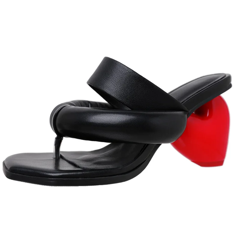 European Women Heart Shaped Heel Thong Mules Cow Leather Padded Strap Slip On Sandals Rubber Sole Club Party Footwear F336