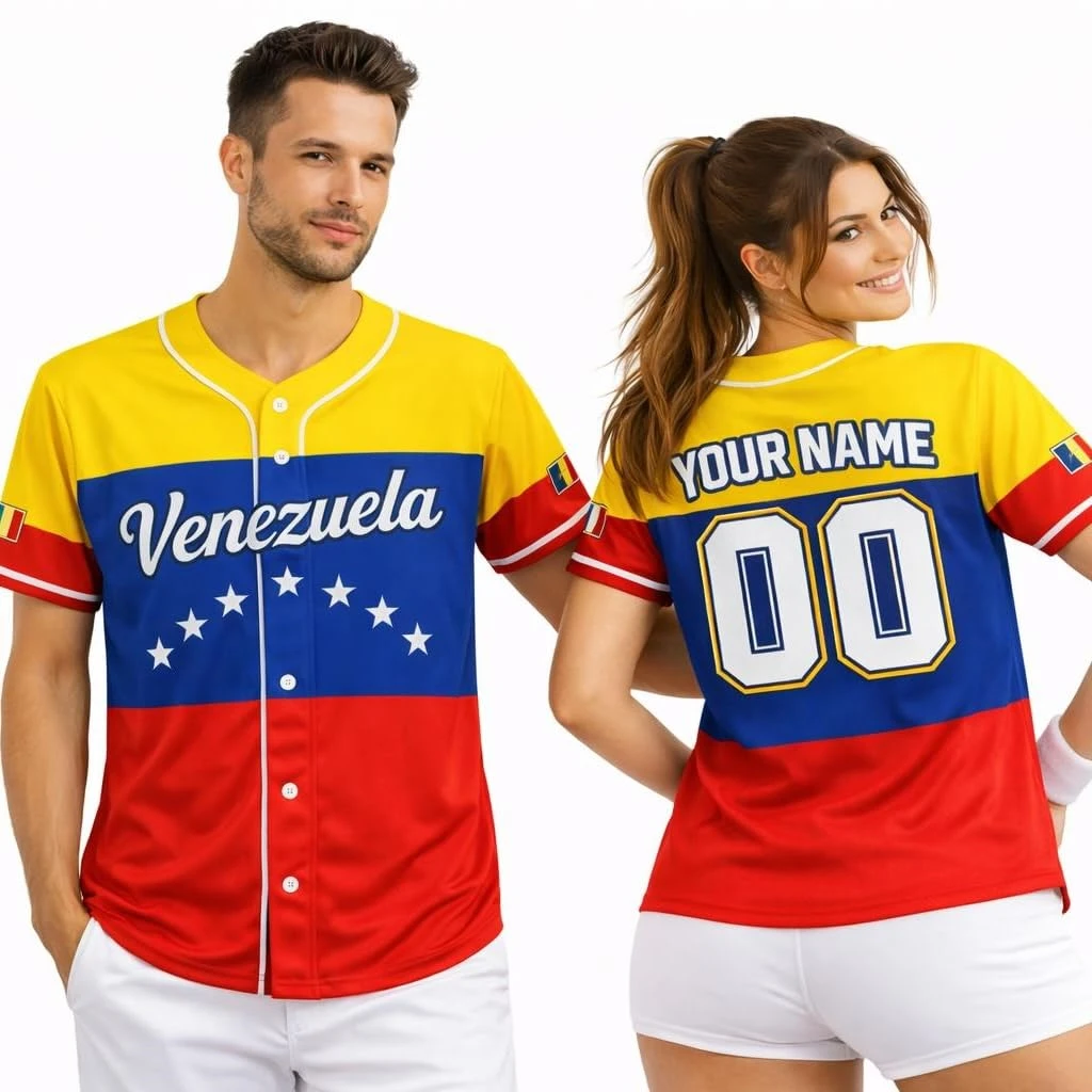 Camisa de Beisebol da Venezuela, Personalizada com Nome e Número, Camisa Esportiva, Camisa de Beisebol da Venezuela, Camisa Orgulho Bandeira da Venezuela