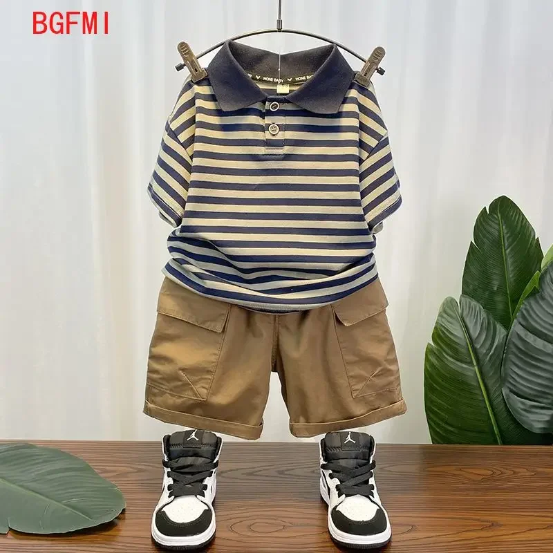 

Korean Children's Clothes 2025 Summer Kids Clothes Boys Outfits Baby Thin Short Sleeves Stripe Polo Shirt +Shorts Two Pieces Set