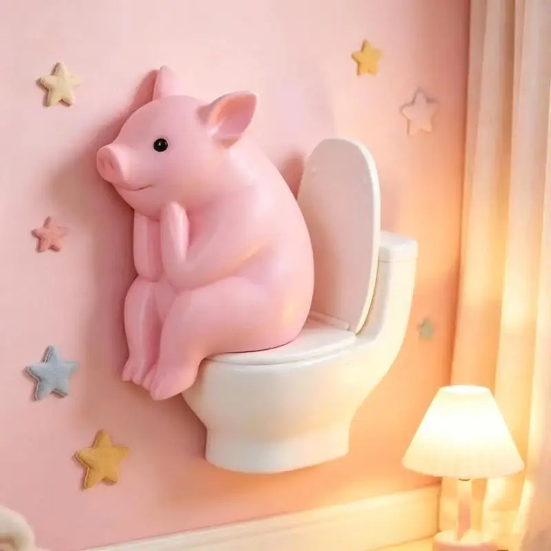 Cute Resin Pink Pig Sitting On Toilet Figurine Adorable Funny Design For Bathroom Bedroom Desktop Home Decor Gift For Pig Lover
