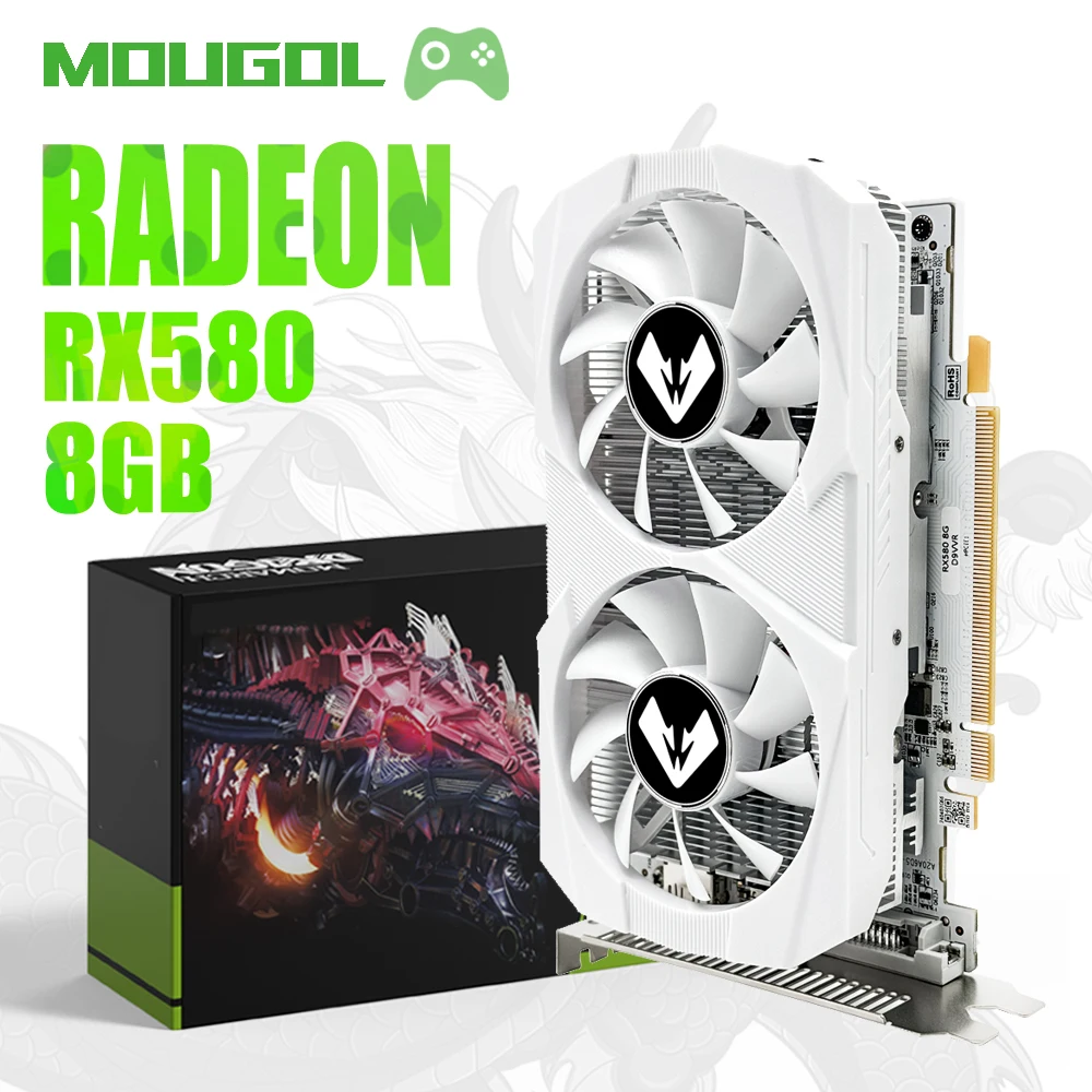 MOUGOL New Video Card AMD Radeon RX580 8GB 2048SP White Gaming Graphics Card GDDR5 256Bit GPU for Desktop Computer In Brazil