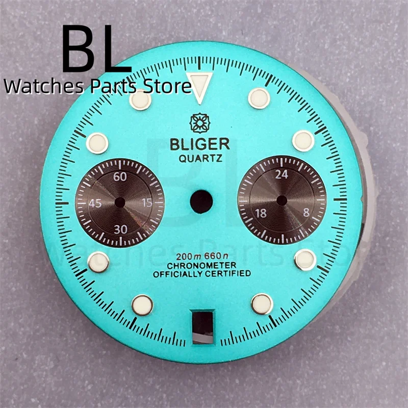 BLIGER Black Pink VK64 Watch Dial With Snowflake Hands Set C3 Green Luminous Fit For VK64 Quartz Movement Replacement Watch Part