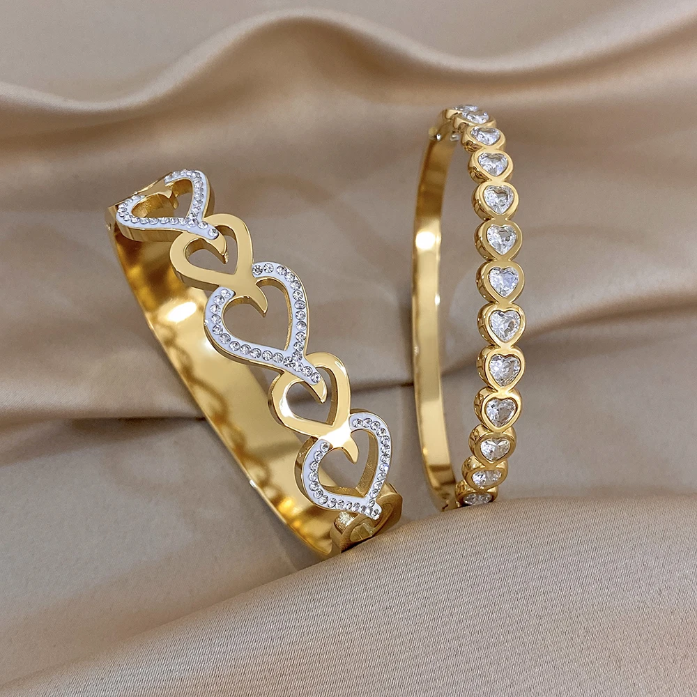Luxury Stainless Steel Hollow Out Heart Bangle Bracelet for Women Inlaid Shiny Rhinestones Wide Cuff Bracelet Waterproof Jewelry