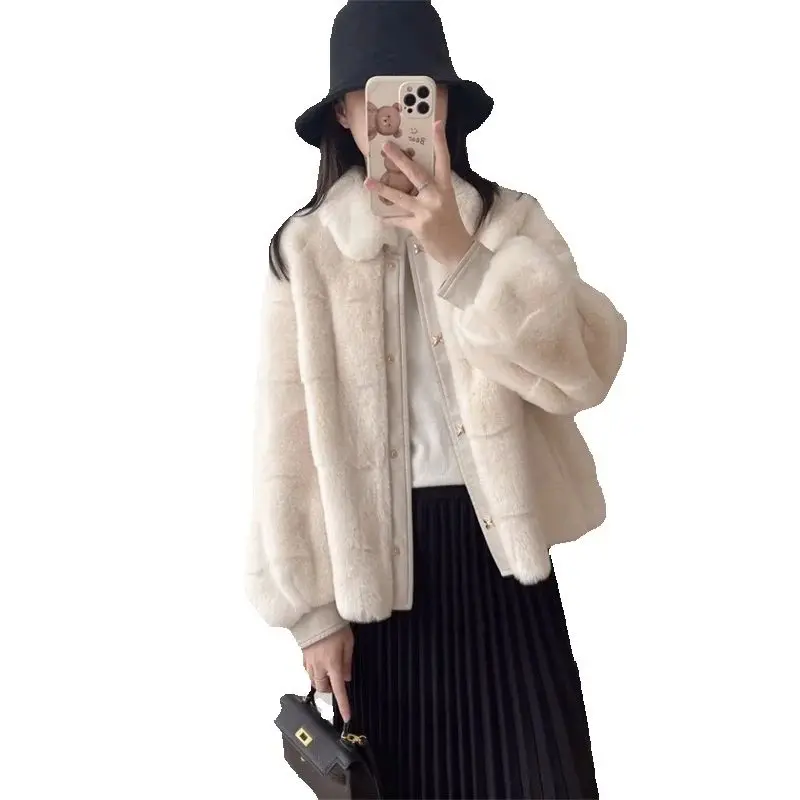 معاطف شتوية بيضاء كريمية لعام 2025 معطف فرو قصير موضة بياقة من الفرو معطف نسائي ملابس خارجية فضفاضة للدفء سترة نسائية #2