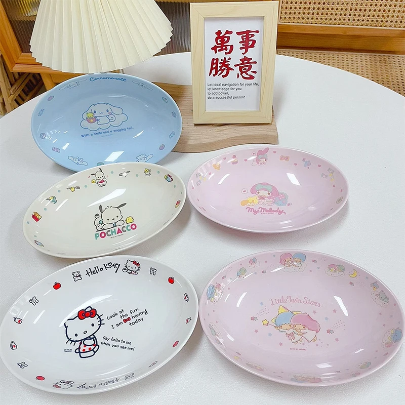 

Cute Sanrio Hello Kitty Plate Kawaii Anime Cinnamoroll Pochacco Cartoon Cutlery Girl Heart Kids Home Plate Tide Gift for Kids