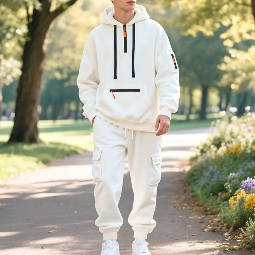Winter Mens Athletic Tracksuit Set Thick Fleece Lined Hoodie Cargo Trousers Casual Sportswear Loose Fit Running Jogger Outfits