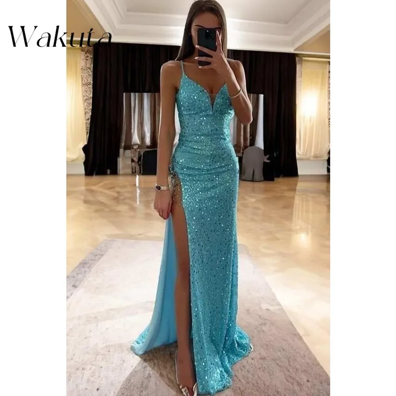 Wakuta Sparkly Sequin Prom Robe for Women Long with Slit V Neck Open Back Sheath Evening Formal Christmas Party Dresses שמלה ערב