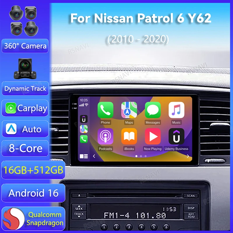 Android 16 Carplay Auto For Nissan Patrol 6 Y62 2010 - 2020 9Inch Car Radio Navigation Video Player Head Unit BT Wireless Stereo