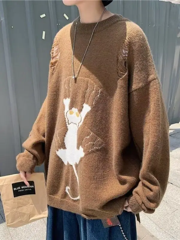 American Retro Cartoon Cat Design Hole Sweaters Oversized Pullovers Men Unisex Fashion Winter Knitted Jumper Tops Kawaii Clothes