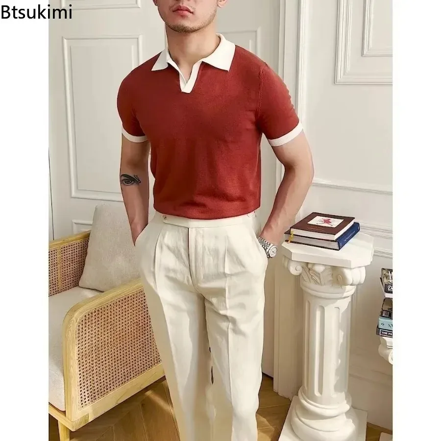 Mode Neue männer Elegante Gestrickte Polo Shirts Casual Vielseitige Revers Tees Sommer Atmungs Lose Tops für Männer Pendler Kleidung