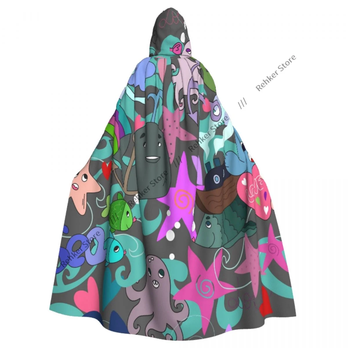 

Adult Halloween Cartoon Sea Fishes Octopus Starfish Cloak Cape Hooded Medieval Costume Full Length Dress Coat