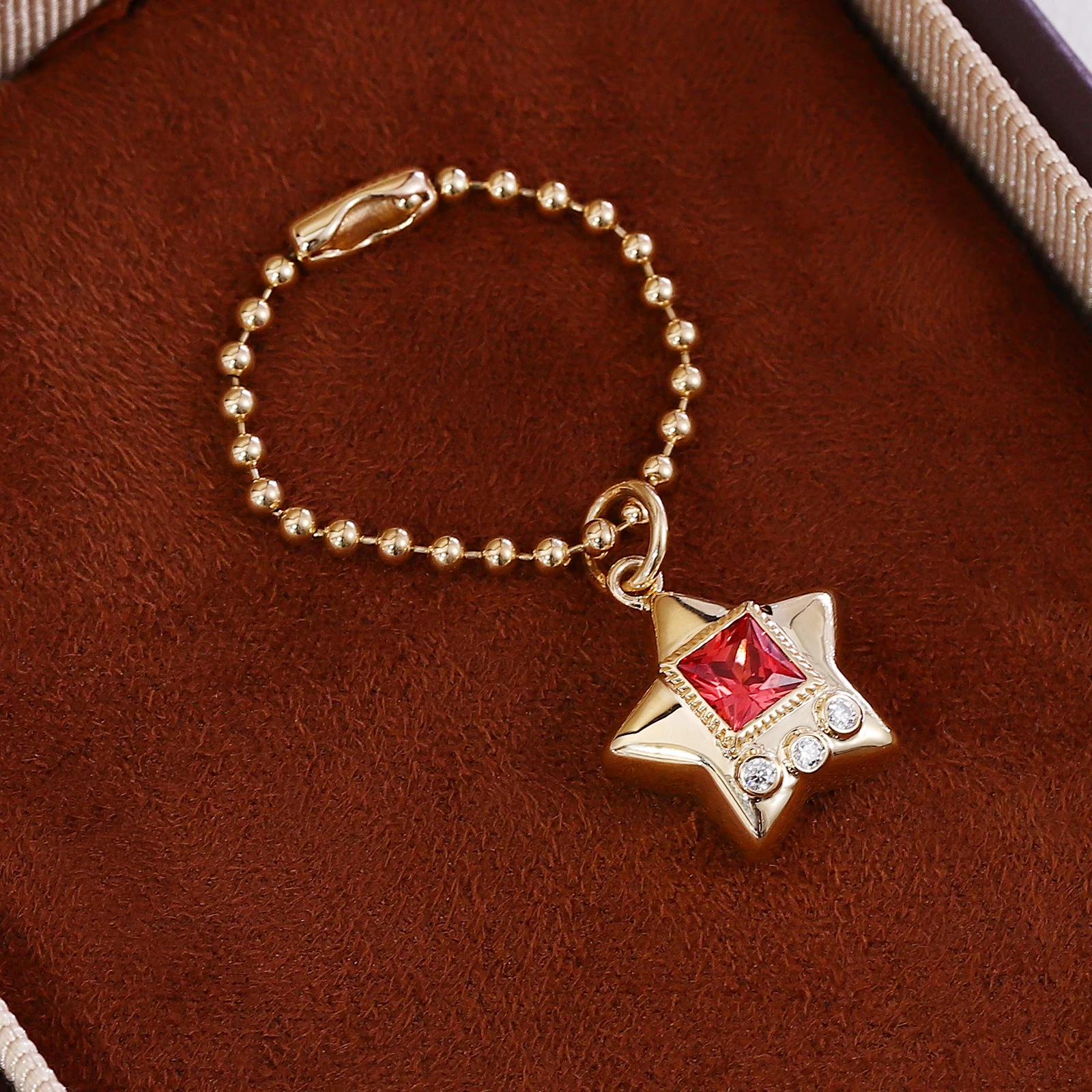 Provence 10K Yellow Gold Star Pendant Princess Cut Red Gemstone With Round Moissanite Stones Beaded Chain Fine Jewelry for Women
