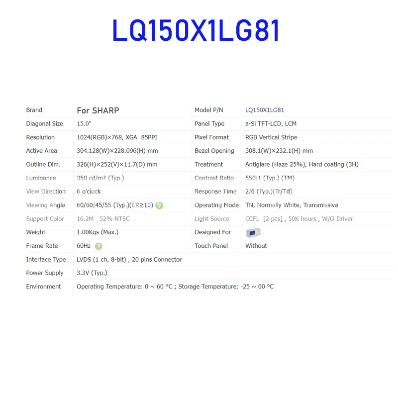 샤프 브랜드 오리지널 LCD 디스플레이 스크린 패널, LQ150X1LG81, 15.0 인치 100%, 빠른 배송