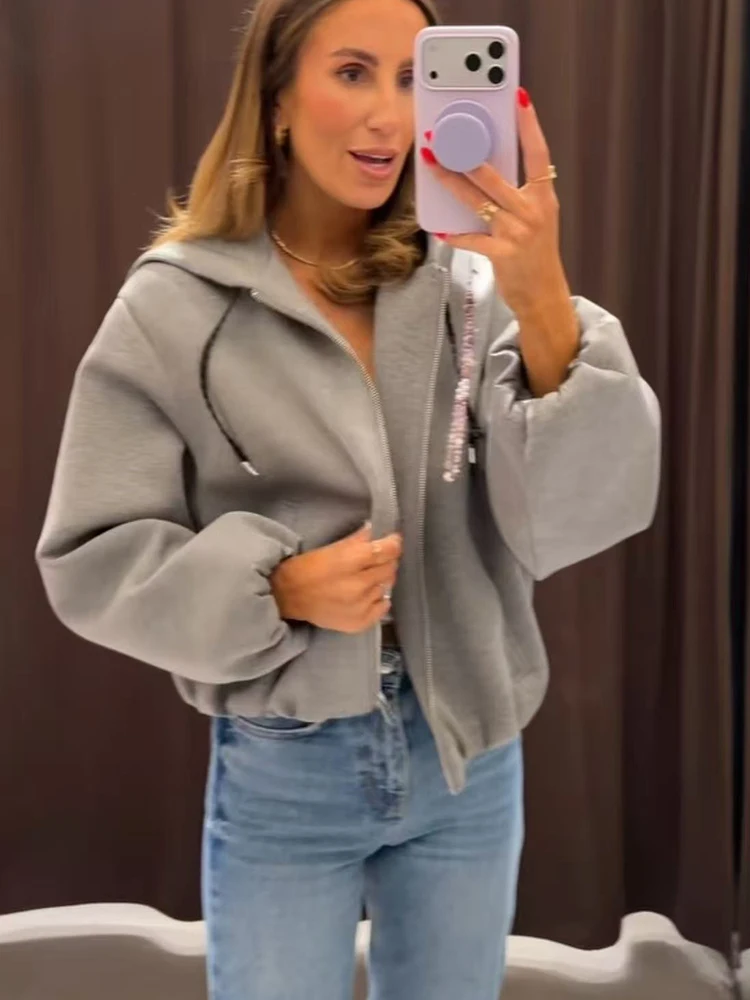 Autumn Women Hooded Jacket Loose Casual Zipper Hoodie Sweatshirts Solid Simple Long Sleeve Coat New Lady Chic Outwear Tops