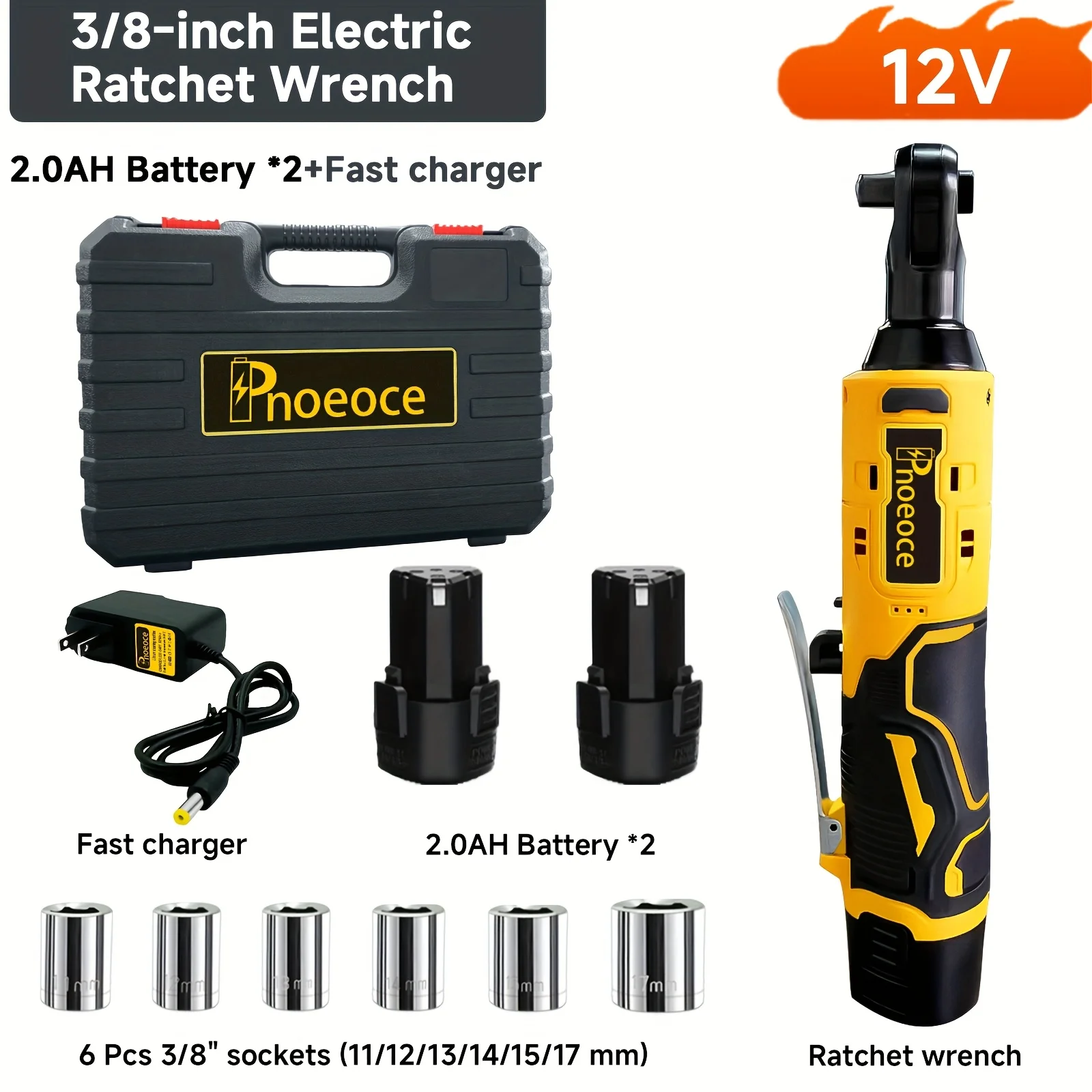 

12V Cordless Electric Ratchet Wrench 3/8" Drive Set, High Torque Power Tool with 2.0Ah Lithium-Ion Battery, 6 Sockets, Screwdriver Function And LED Light, Portable Rechargeable Kit for Automotive Repair, Home, Truss And Ideal Gift for Men