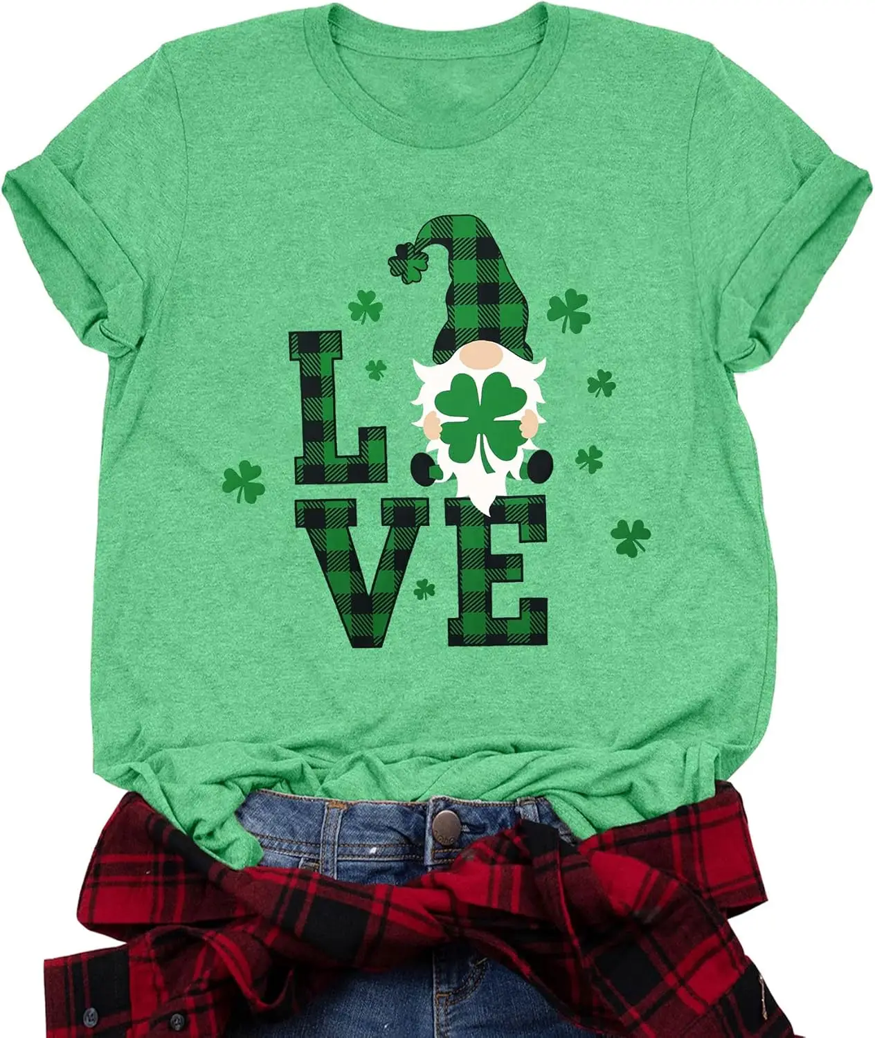 St. Patricks Day T-Shirt Women Gnomes Shirt Shamrock Graphic Tees Green Clover Short Sleeve Tops