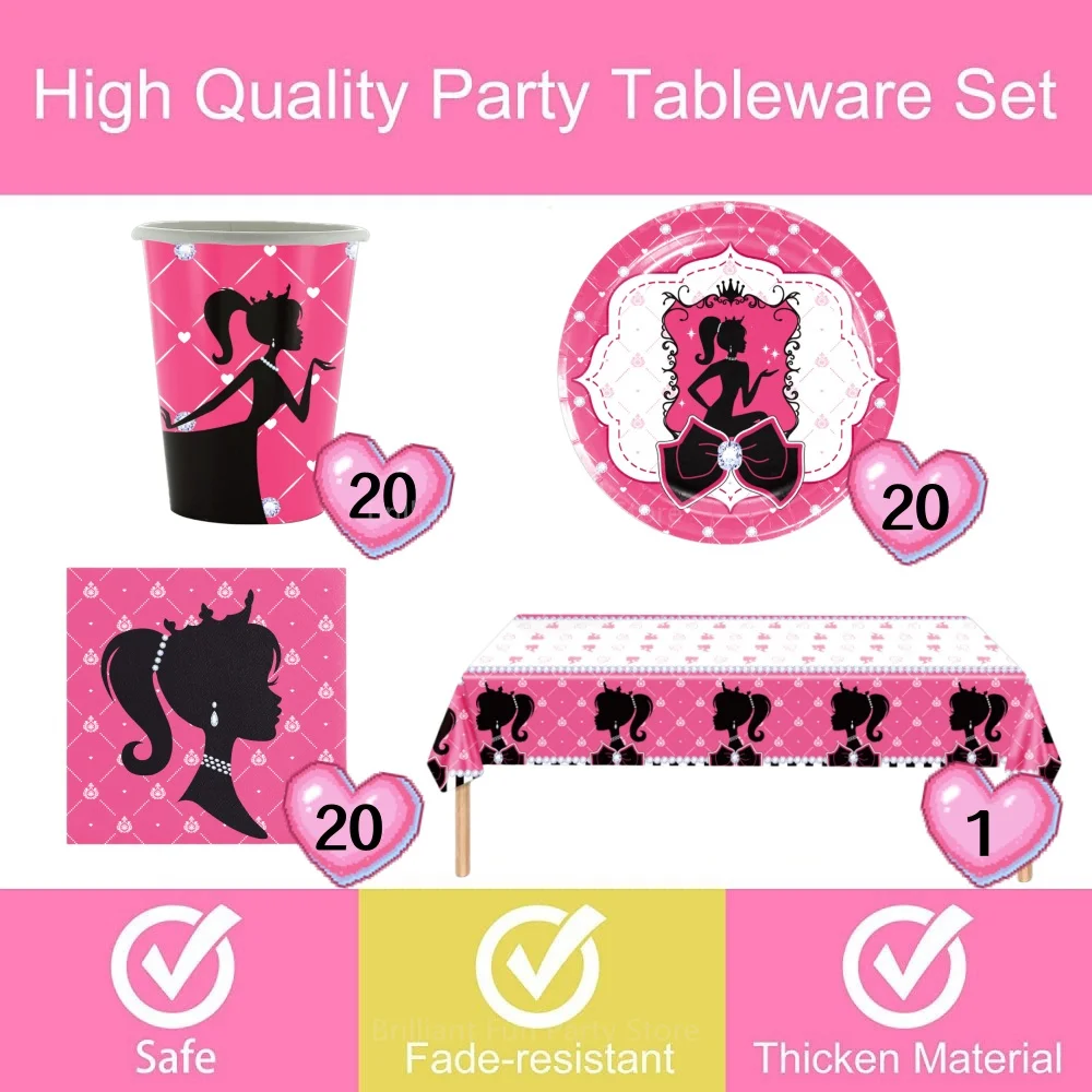 Barbie Birthday Party Derocations Pink Princess Disposable Tableware Set For Baby Shower Girls Party Serves 20 Guests Cup Plate