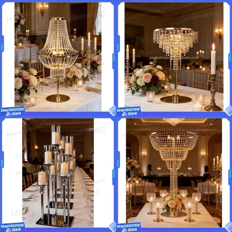 110cm Golden Crystal Bead Curtain for Wedding Hall Banquet Decoration Hanging Chandelier Ornament with Flower Stand Dining
