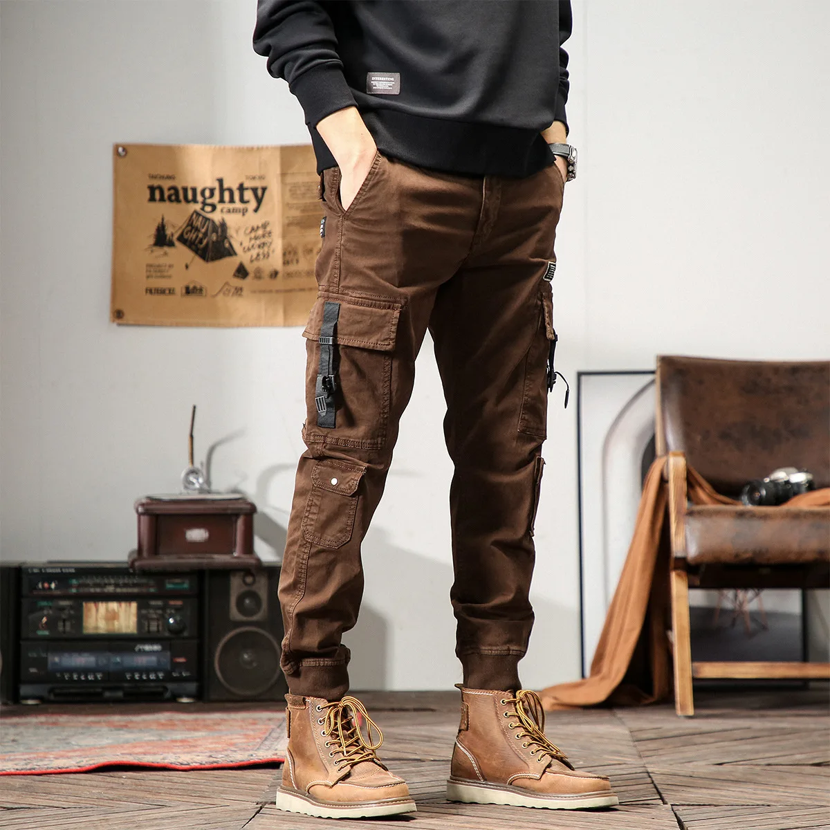 Full Length Jogger Pants Men Vintage Military brown black Cotton Pockets Elastic Waist Cargo Pants Men 2022 Thick Tactical Pants