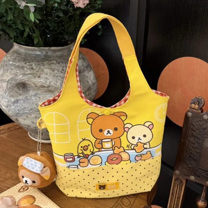 

Cute Rilakkuma Handbag Japanese Style Cartoon Cream Yellow Large Capacity Shoulder Bag Travel Portable Storage Bag Friend Gift