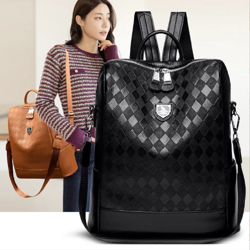

New Fashion Large Capacity Travel Backpack Women's Diamond Lattice Leather Shoulder Bags Totes School Bag Ladies Backpacks