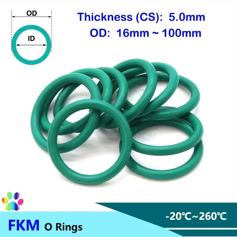 

10pcs Green FKM O Ring Seal Gasket CS 5.0mm OD 16~100mm O Type High Temperature Oil Resistant Fluorine Round Rubber Gaskets