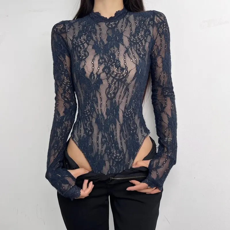 2026 Spring Fall New American Hot Girl Half Turtleneck Bodysuit Lace Long Sleeve Bodycon Top Women