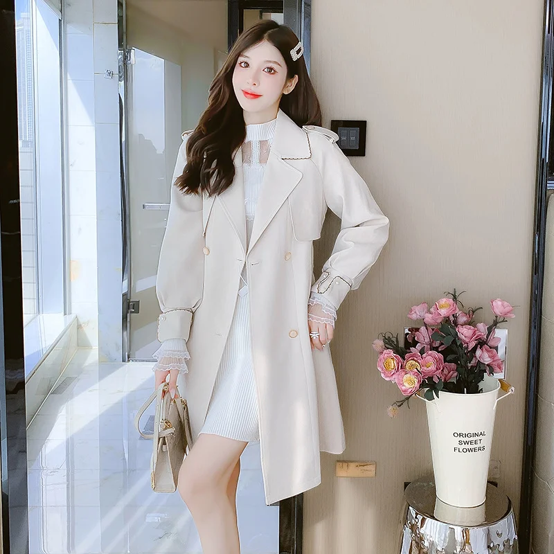 

Woman Trench Coat Fall Winter Layered Body Kaki Appearance Color-Blocking Wash Resort Anti-Splash Petite-Friendly Deep Laced
