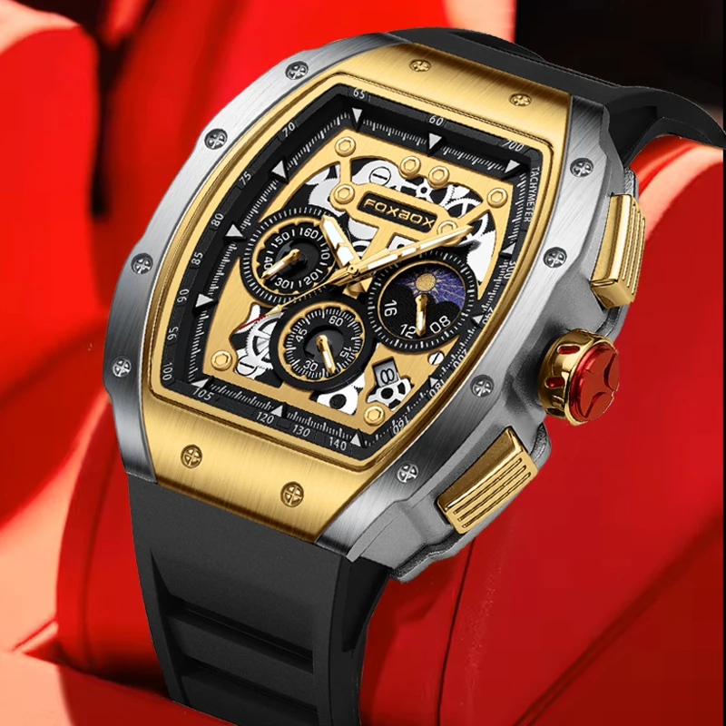 FOXBOX Business Watch Men Military Sports Square Silicone Chronograph Wrist Watches For Men Waterproof Luminous Men Quartz Watch